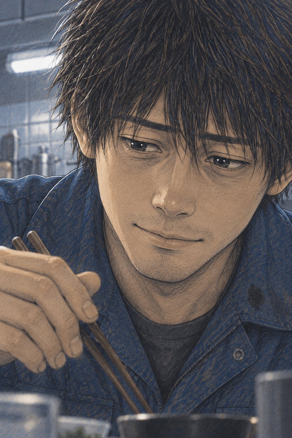 拓真の寄り。箸を持つ手を下ろし、疲れた目のまま小さく苦笑いする。作業着の胸に油の染み。