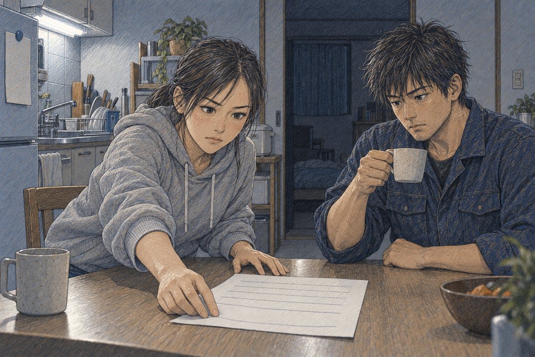 台所。左で、千尋が折り込みの紙をテーブルに広げ、拓真のほうへ押し出す。右で、拓真がカップを持ったまま紙を見る。