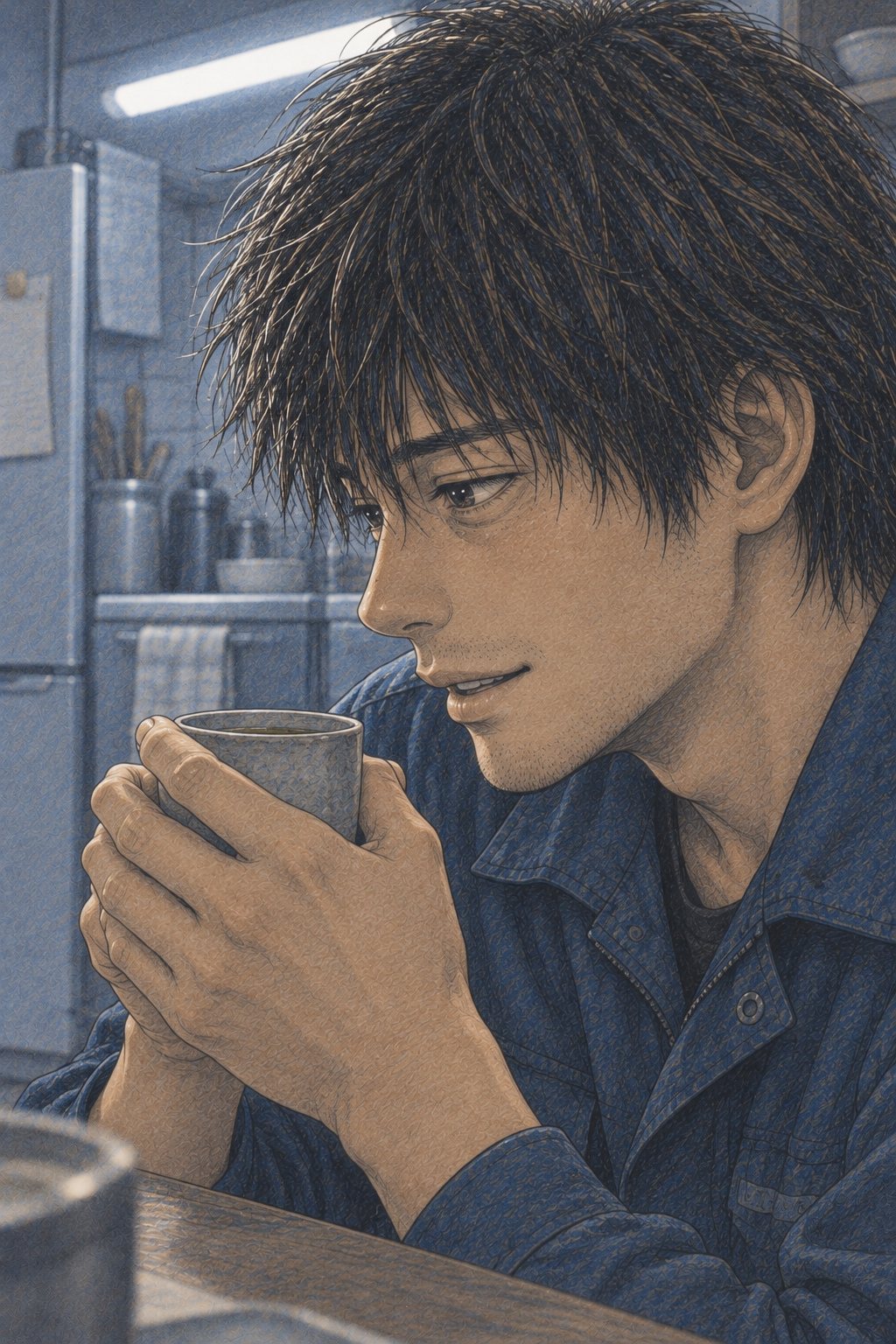 拓真の横顔の寄り。湯のみを両手で包み、少し照れて目をそらしながら言う。