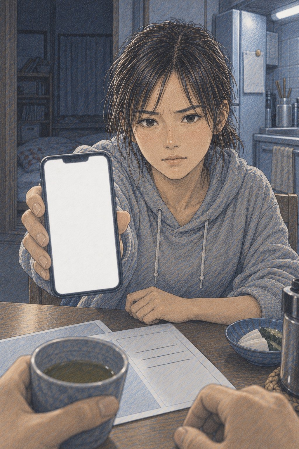 拓真の目から見た台所。向かいの千尋が、スマホの画面をこちらへまっすぐ向ける（画面に字は無い）。千尋は真剣な顔。