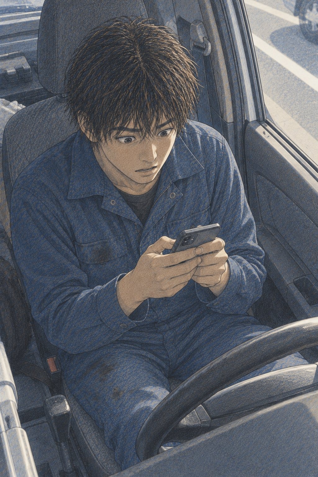 昼の軽自動車の運転席を、斜め上から。拓真がスマホを両手で持ち、画面を見下ろして固まる（画面に字は無い）。