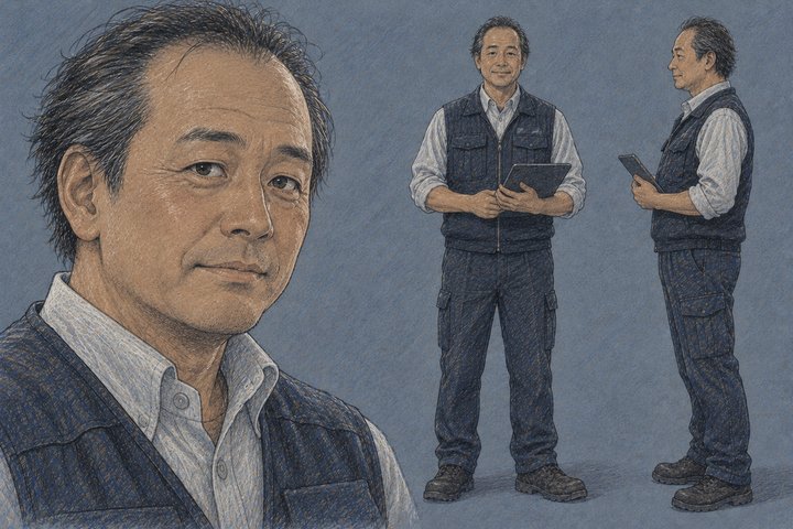 「整備士、9年目。辞める前に。」の坂口 実の設定画（全身と顔）