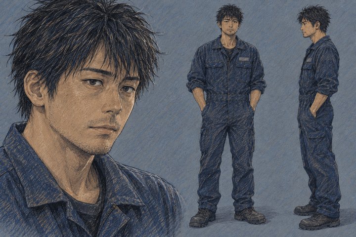 「整備士、9年目。辞める前に。」の本間 拓真の設定画（全身と顔）