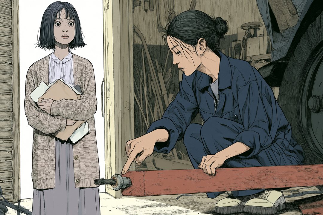 朝、シャッターが半分開いた小さな整備工場。右で、紺のつなぎの若い女性整備士が、リフトのアームの留め具を1つずつ指さして確かめている。左の入口で、紙の束を抱えた若い女性が驚いて立ち止まる。