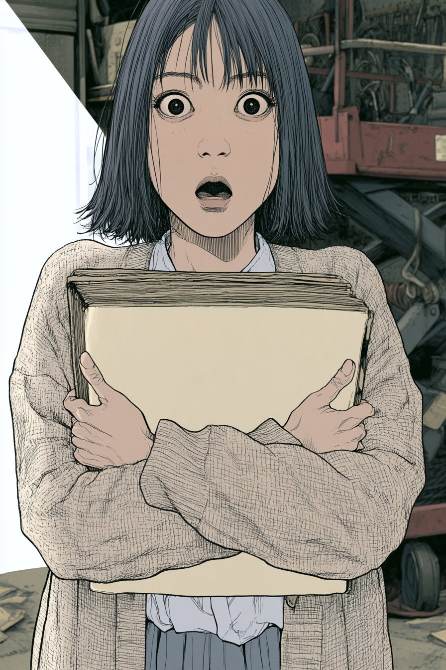 陽向の寄り。両手で抱えた分厚い手作りの冊子（表紙の字は読めない）。目を丸くしている。