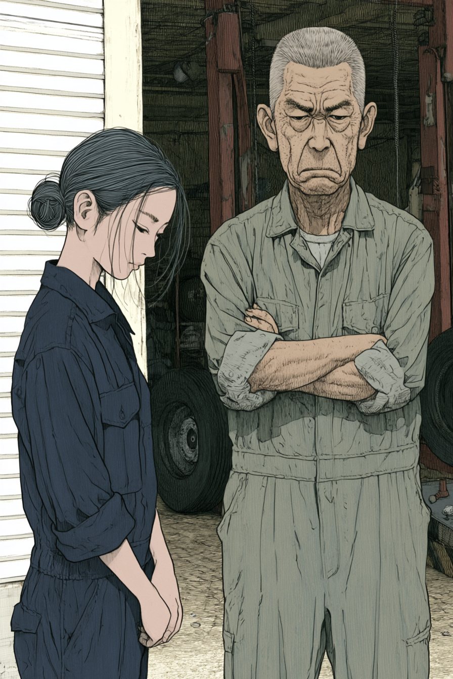 工場の入口。右で、白髪まじりの年配の整備士が、腕まくりをして眉をひそめて立つ。左で、つなぎのゴックが軽く頭を下げる。