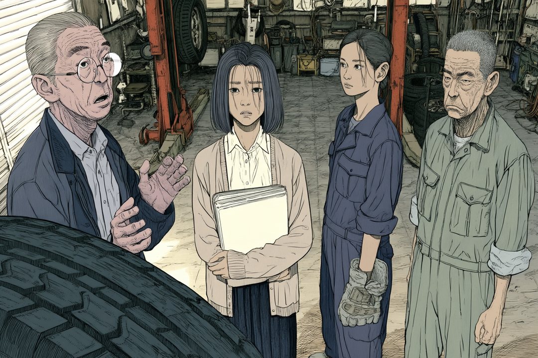 工場の中の小さな朝礼。手前に大きなタイヤ。左で、眼鏡の社長（陽向の父、白いシャツに紺の上着）が両手で話す。真ん中に冊子を抱えた陽向が不安そうに立ち、右にゴックと大庭が並ぶ。