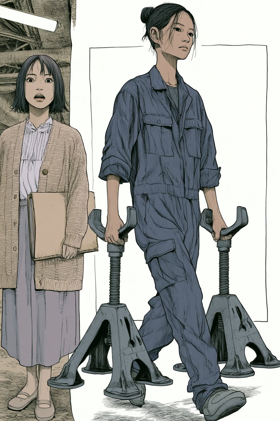 右で、ゴックが車を下から支える金属の台(ウマ)を2つ、両手で軽々と運んでくる。ゴックと台が、絵の中の枠の線を越えて手前へ出てくる。左で、陽向が口を開けて見ている。