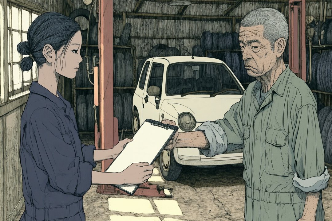 リフトの前。右で、大庭が点検の伝票の板を、左のゴックに突き出す。ゴックは両手で受け取る。奥に、上がる前の白い軽自動車とタイヤの棚。