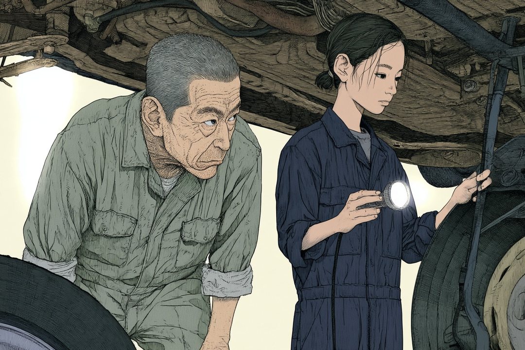 車の下。左で、大庭が身をかがめてのぞき込み、目を細める。右で、ゴックが懐中電灯でその場所を照らし続ける。