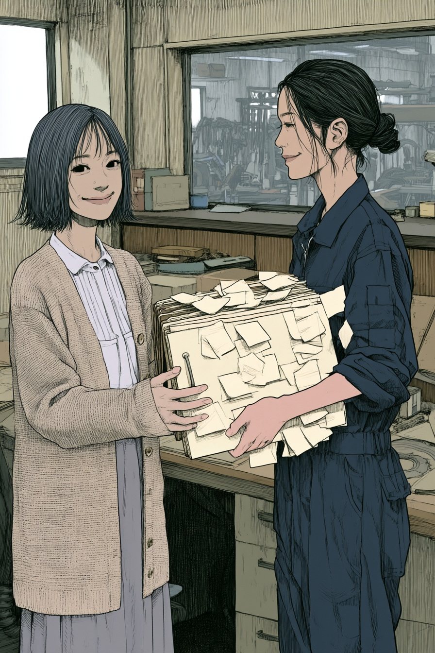 事務所の机。右でゴックが、付箋がたくさん貼られた陽向の冊子を返す。左で陽向が両手で受け取り、うれしそうに笑う。