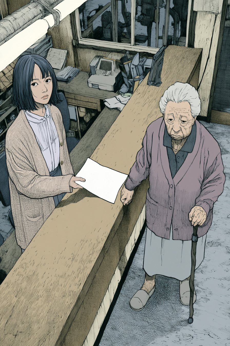 上から見た受付のカウンター。右に、杖をついた小柄な年配の女性。左で、カウンターの中の陽向が、点検の記録の紙を差し出している。