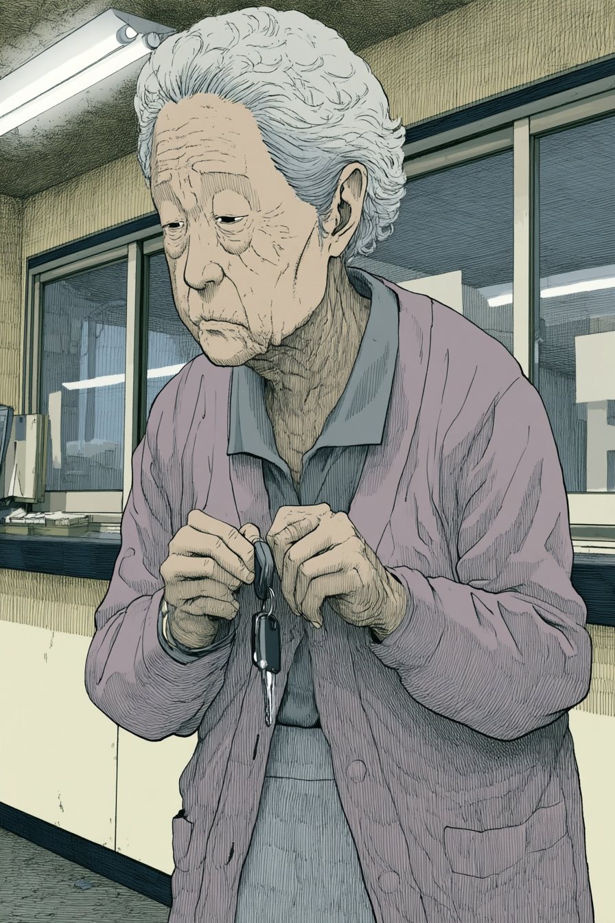 笹本の寄り。車の鍵を両手で握り、心配そうに目をそらす。