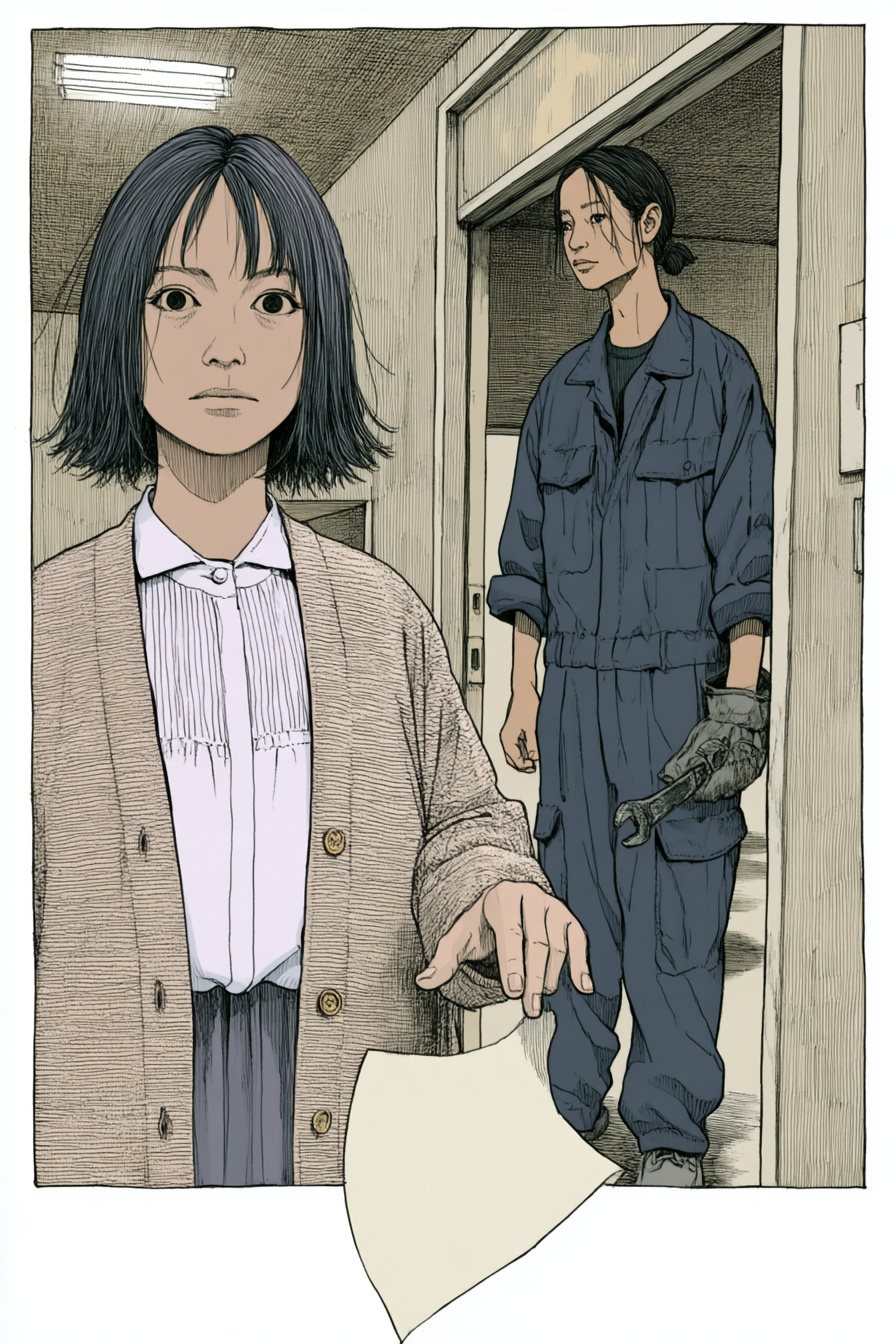 受付の手前で、陽向の手から点検の記録の紙が滑り落ち、紙が絵の枠の下の線を越える。奥の工場の入口で、レンチを持ったゴックが、手を止めてこちらを向いている。