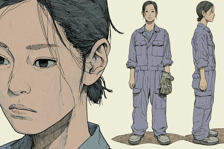 「うちの工場に、整備士が来た。」のファン・ティ・ゴックの設定画（全身と顔）