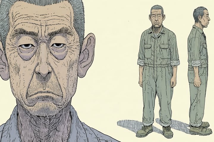 「うちの工場に、整備士が来た。」の大庭 茂の設定画（全身と顔）