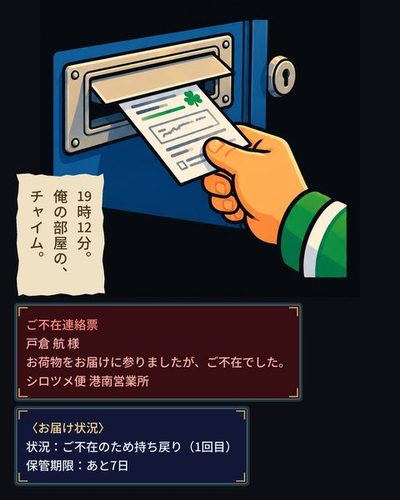 ドアの郵便受けに、不在票を差し込む手。（19時12分。俺の部屋の、チャイム。）（ご不在連絡票 / 戸倉 航 様 / お荷物をお届けに参りましたが、ご不在でした。 / シロツメ便 港南営業所）（〈お届け状況〉 / 状況：ご不在のため持ち戻り（1回目） / 保管期限：あと7日）