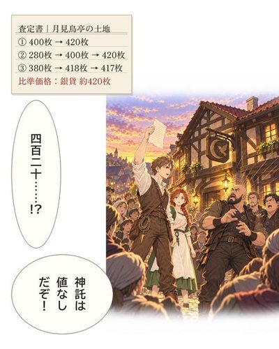 夕方の月見鳥亭の前。人だかりの中でケイが一枚の紙を高く掲げ、商会の取り立て役の男たちが目を見開いてのけぞる。（査定書｜月見鳥亭の土地 / ① 400枚 → 420枚 / ② 280枚 → 400枚 → 420枚 / ③ 380枚 → 418枚 → 417枚 / 比準価格：銀貨 約420枚）取り立て役「420……!?」取り立て役「神託は値なしだぞ！」