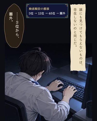 深夜のオフィス。モニターの明かりだけがともり、男の手がキーボードの上にある。（誰にも見つけてもらえないものは、存在しないのと同じだ。）（検索順位の推移 / 3位 → 12位 → 48位 → 圏外）湊「……3位から、圏外。」