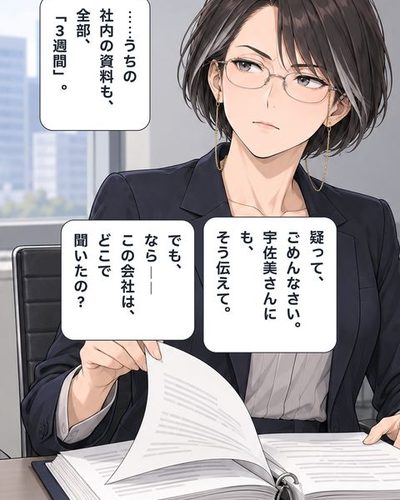 老眼鏡をかけた黒川課長が、自分の綴りをめくって確かめる。黒川「……うちの社内の資料も、全部、「3週間」。」黒川「疑って、ごめんなさい。宇佐美さんにも、そう伝えて。」黒川「でも、なら――この会社は、どこで聞いたの？」