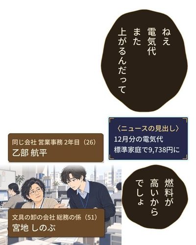 10月の終わりの昼休み、文具の卸の会社の事務所の総務の机。スマホの画面を見せる50代の女性と、弁当の袋を提げて立ち止まる若い男。机の上に電気の検針票の紙。（文具の卸の会社 総務の係（51）・宮地 しのぶ）（同じ会社 営業事務 2年目（26）・乙部 航平）宮地 しのぶ「ねえ電気代また上がるんだって」（〈ニュースの見出し〉 / 12月分の電気代 / 標準家庭で9,738円に）乙部 航平「燃料が高いからでしょ」