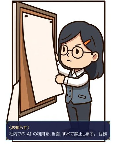 総務の掲示板。浜野が大きな紙を両手で押さえ、画鋲で留める。紙の左下の端がめくれて、絵の枠の左の線を越えて外へ出る。（〈お知らせ〉 / 社内での AI の利用を、当面、すべて禁止します。　総務）