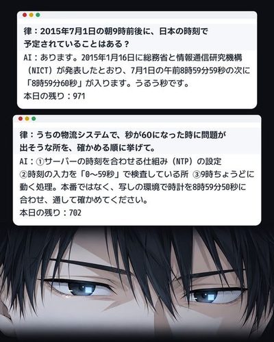 律の目だけの横長の大写し。画面の光が瞳に映る。（律：2015年7月1日の朝9時前後に、日本の時刻で予定されていることはある？ / AI：あります。2015年1月16日に総務省と情報通信研究機構（NICT）が発表したとおり、7月1日の午前8時59分59秒の次に「8時59分60秒」が入ります。うるう秒です。 / 本日の残り：971）（律：うちの物流システムで、秒が60になった時に問題が出そうな所を、確かめる順に挙げて。 / AI：①サーバーの時刻を合わせる仕組み（NTP）の設定 ②時刻の入力を「0〜59秒」で検査している所 ③9時ちょうどに動く処理。本番ではなく、写しの環境で時計を8時59分50秒に合わせ、通して確かめてください。 / 本日の残り：702）
