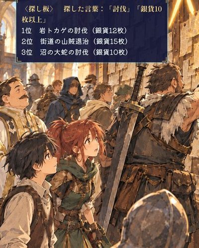 大剣を背負った冒険者が掲示板に手のひらを当てると、何枚かの依頼の紙が上から順に光る。「パァッ」の描き文字。（〈探し板〉　探した言葉：「討伐」「銀貨10枚以上」 / 1位　岩トカゲの討伐（銀貨12枚） / 2位　街道の山賊退治（銀貨15枚） / 3位　沼の大蛇の討伐（銀貨10枚））