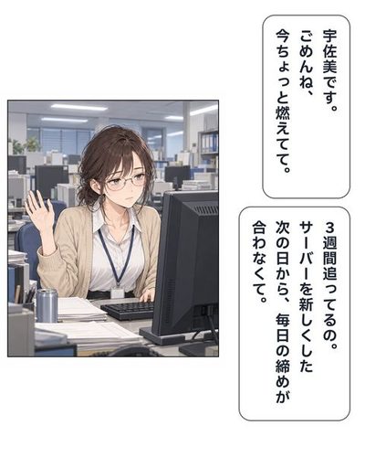 画面を見たまま手だけ振る、目の下にくまのある宇佐美。宇佐美「宇佐美です。ごめんね、今ちょっと燃えてて。」宇佐美「3週間追ってるの。サーバーを新しくした次の日から、毎日の締めが合わなくて。」