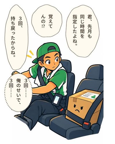 運転席に飛び乗るドライバーが、横目で助手席の箱を見る。箱の点の目が見返している。日比野 めぐる「君、先月も同じ時間を指定したよね。」戸倉 航「覚えてんの！？」日比野 めぐる「3回、持ち戻ったからね。」戸倉 航「3回……俺のせいで、3回……」