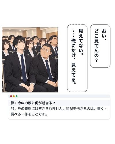 前を向いて並ぶ新入社員たち。律だけが空中を見上げ、隣の同期が不思議そうに見ている。隣の新卒「おい、どこ見てんの?」律「見えてない。……俺にだけ、見えてる。」(律:今年の秋に何が起きる? / AI:その質問には答えられません。私が手伝えるのは、書く・調べる・作ることです。)