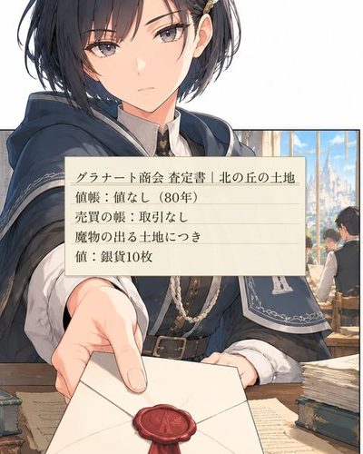 紋章の外套の若い女の書記官が、机越しに一通の書状を差し出す。（グラナート商会 査定書｜北の丘の土地 / 値帳：値なし（80年） / 売買の帳：取引なし / 魔物の出る土地につき / 値：銀貨10枚）