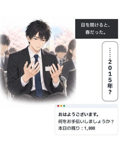 若い自分の手を見つめる新入社員の律。胸に名札。(目を開けると、春だった。)律「……2015年?」(おはようございます。 / 何をお手伝いしましょうか? / 本日の残り:1,000)