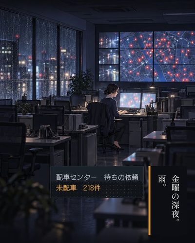雨の金曜の深夜。配車センターの壁一面の画面に、街の地図と呼び出しの点が並ぶ。（金曜の深夜。雨。）（配車センター　待ちの依頼 / 未配車　218件）