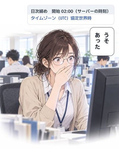 画面の前で口に手を当てて固まる宇佐美。（日次締め　開始 02:00（サーバーの時刻） / タイムゾーン　(UTC) 協定世界時）宇佐美「うそあった」