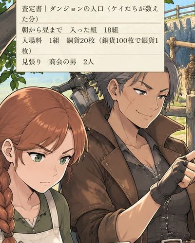 木陰で、リタが帳面に線を引いて数える。横でドーラが、門をくぐる一行を指で数えている。（査定書｜ダンジョンの入口（ケイたちが数えた分） / 朝から昼まで　入った組　18組 / 入場料　1組　銅貨20枚（銅貨100枚で銀貨1枚） / 見張り　商会の男　2人）