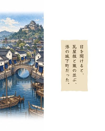 朝の港の城下町。丘の上の城、白壁の蔵の並び、藍の暖簾、帆を下ろした船。（目を開けると、瓦屋根と蔵の並ぶ、港の城下町だった。）