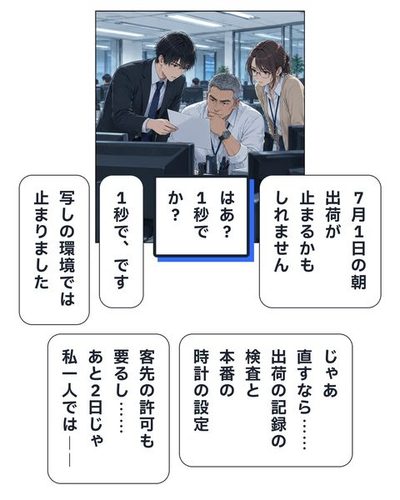 翌週の月曜の朝。律が鬼塚部長と宇佐美の前で、一枚の印刷を見せる。律「7月1日の朝出荷が止まるかもしれません」鬼塚「はあ？1秒でか？」律「1秒で、です」律「写しの環境では止まりました」宇佐美「じゃあ直すなら……出荷の記録の検査と本番の時計の設定」宇佐美「客先の許可も要るし……あと2日じゃ私一人では――」