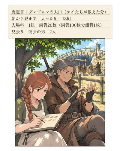 木陰で、リタが帳面に線を引いて数える。横でドーラが、門をくぐる一行を指で数えている。（査定書｜ダンジョンの入口（ケイたちが数えた分） / 朝から昼まで　入った組　18組 / 入場料　1組　銅貨20枚（銅貨100枚で銀貨1枚） / 見張り　商会の男　2人）
