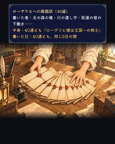 机の上で扇のように広げられた、同じ形の推薦状の束を押さえる手。（ローデリヒへの推薦状（40通） / 書いた者：北の森の樵・川の渡し守・街道の宿の下働き…… / 中身：40通とも「ローデリヒ様は王国一の剣士」 / 書いた日：40通とも、同じ3日の間）