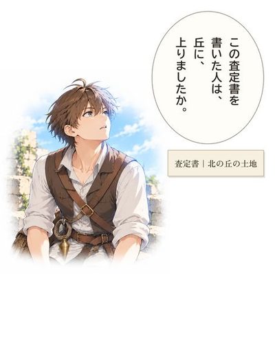 ケイが右上の何もない空中を見上げる。青い光が顔を照らす。ケイ「この査定書を書いた人は、丘に、上りましたか。」（査定書｜北の丘の土地）