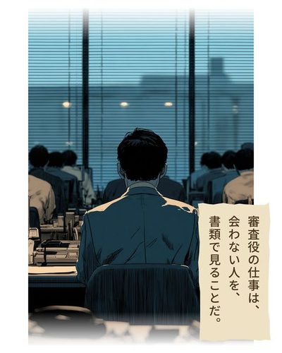 正面から見た審査部の机の列。左右対称に並ぶ机と、窓のブラインド。ほとんどの人は顔の見えない後ろ姿で、真ん中の机にだけピントが合っている。（審査役の仕事は、会わない人を、書類で見ることだ。）