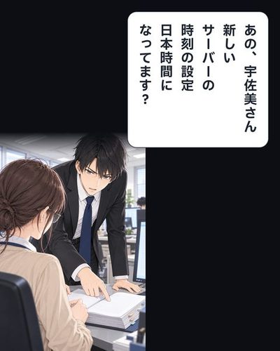 宇佐美の肩越しに、机に手をつき身を乗り出して、資料のページを指さす律。律「あの、宇佐美さん新しいサーバーの時刻の設定日本時間になってます？」