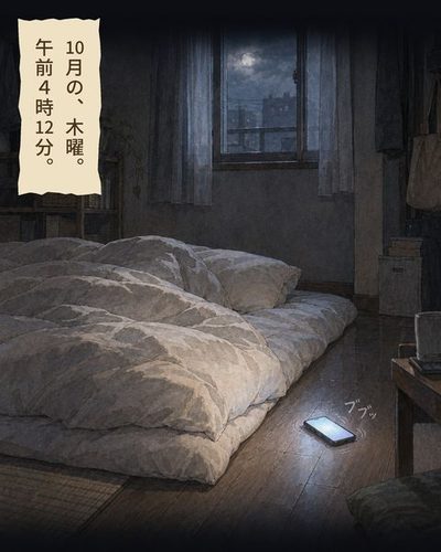 夜明け前の暗い部屋。布団の横の床で、スマートフォンが光って震えている。「ブブッ」の描き文字。（10月の、木曜。午前4時12分。）