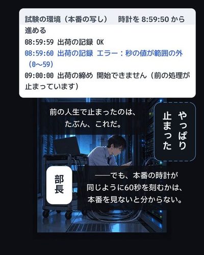 夜の小さなサーバー室。試験用の機械の前で、ノートパソコンを開いてしゃがみ込む律。画面は向こう向き。（試験の環境（本番の写し）　時計を 8:59:50 から進める / 08:59:59　出荷の記録　OK / 08:59:60　出荷の記録　エラー：秒の値が範囲の外（0〜59） / 09:00:00　出荷の締め　開始できません（前の処理が止まっています））律「やっぱり止まった」（前の人生で止まったのは、たぶん、これだ。）（――でも、本番の時計が同じように60秒を刻むかは、本番を見ないと分からない。）律「部長」