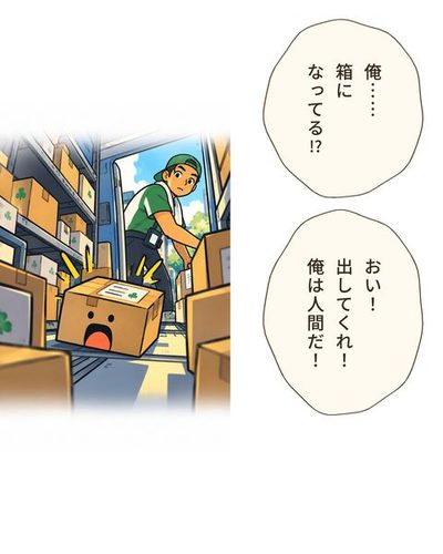 トラックの荷台。棚にぎっしり積まれた大小の段ボール箱。真ん中の茶色い箱に、驚いた点の目と大きく開いた口が浮かんでいる。戸倉 航「俺……箱になってる！？」戸倉 航「おい！出してくれ！俺は人間だ！」