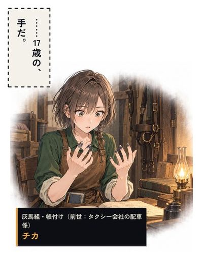 古い馬小屋の帳場で、帳面を前に自分の若い手を見つめる少女。（灰馬組・帳付け（前世：タクシー会社の配車係）・チカ）チカ「……17歳の、手だ。」