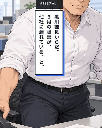昼の開発部。受話器を置いた鬼塚部長が、険しい顔で立ち上がる。（6月17日。）鬼塚「黒川課長からだ。3月の障害が、他社に漏れている、と。」
