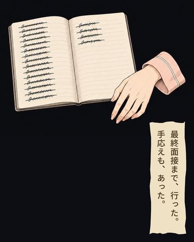 机の上のノート。会社の名前がびっしり並び、すべてに線が引かれている。（最終面接まで、行った。手応えも、あった。）