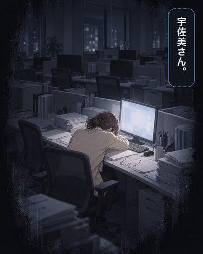 色の抜けた記憶。深夜のオフィスで、若い女性が机に突っ伏している。律「宇佐美さん。」